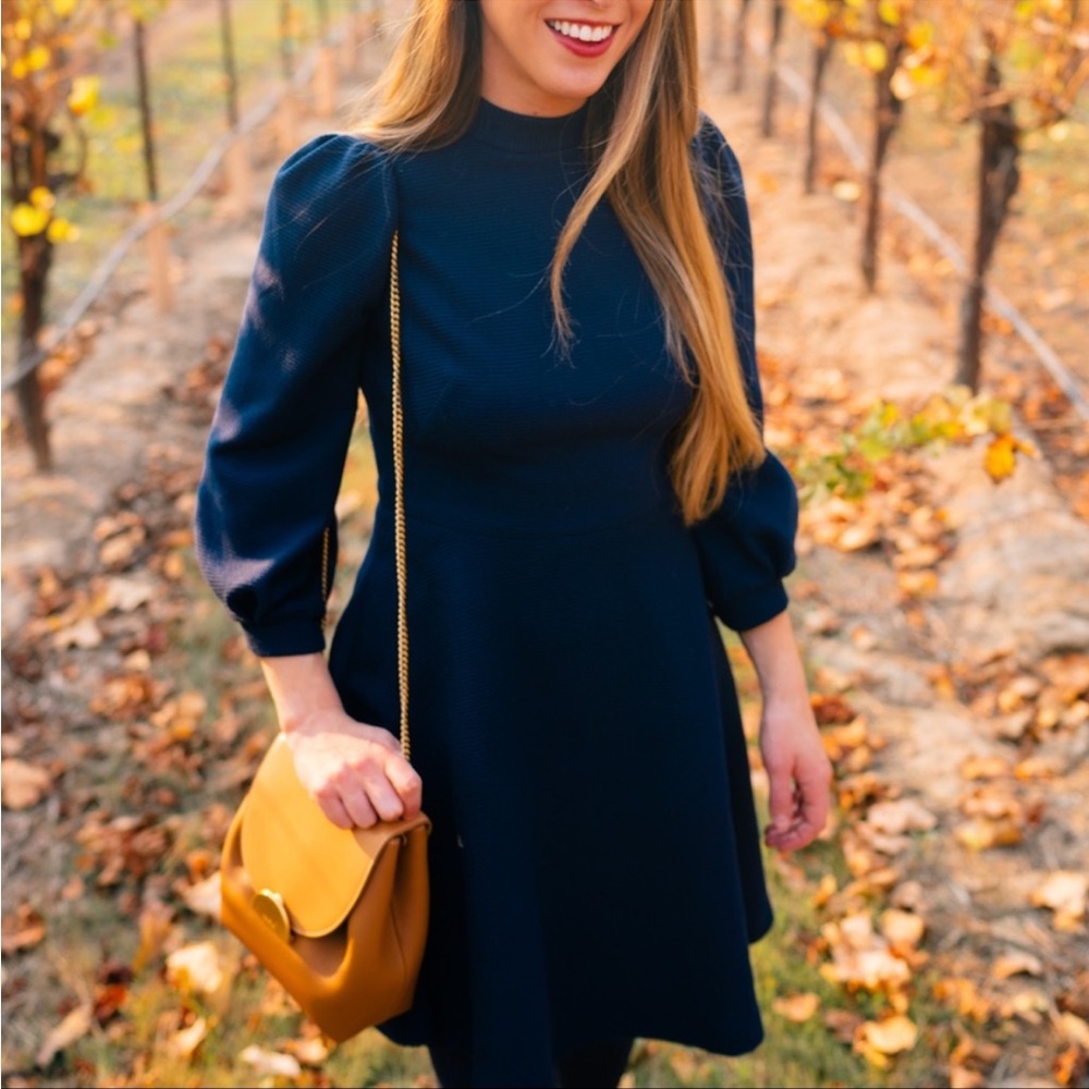 Gal Meets Glam Navy Maggie Ribbed Puff Sleeve Dress 4 Small